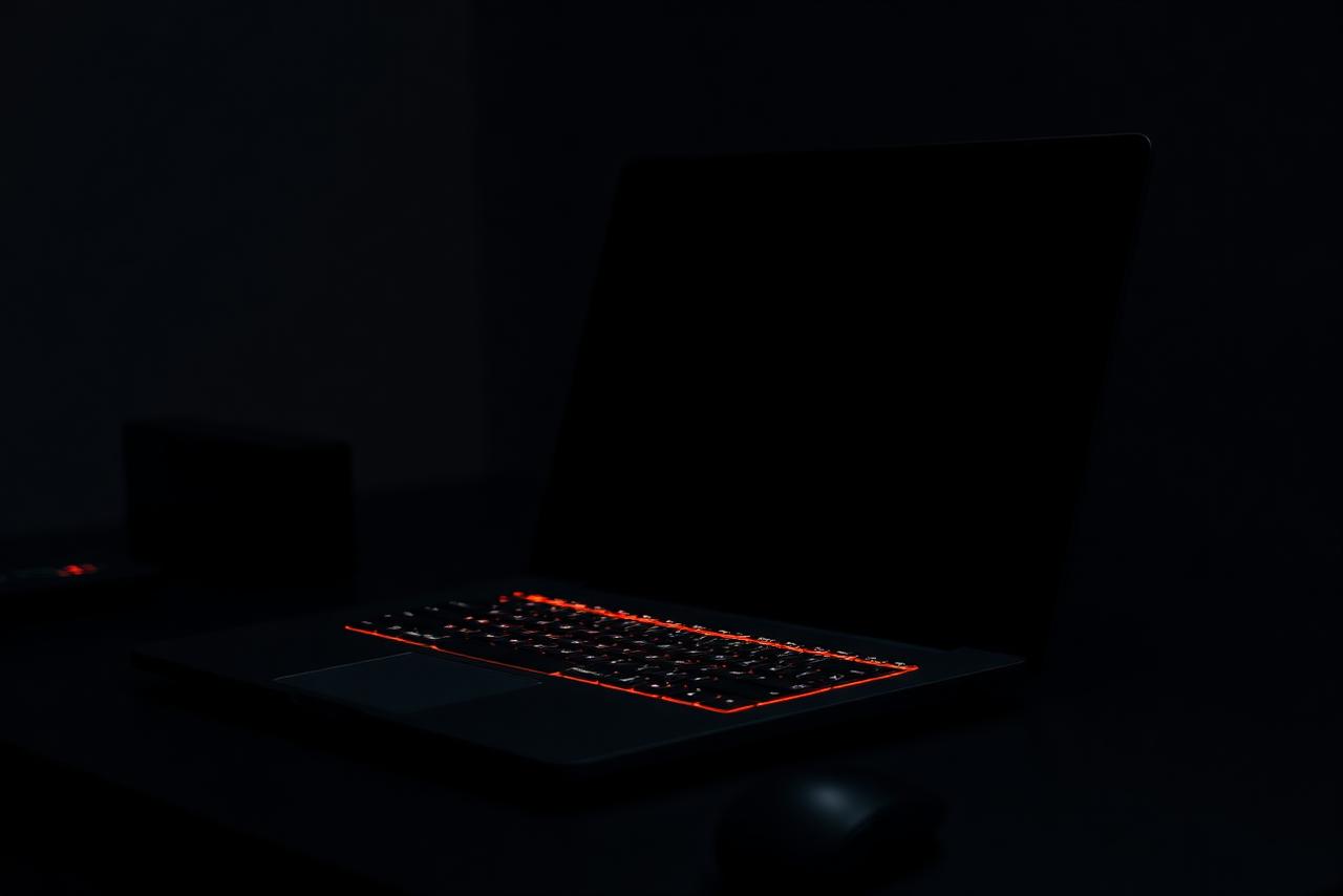 Gaming laptop with backlit keyboard in a dark room, under investigation