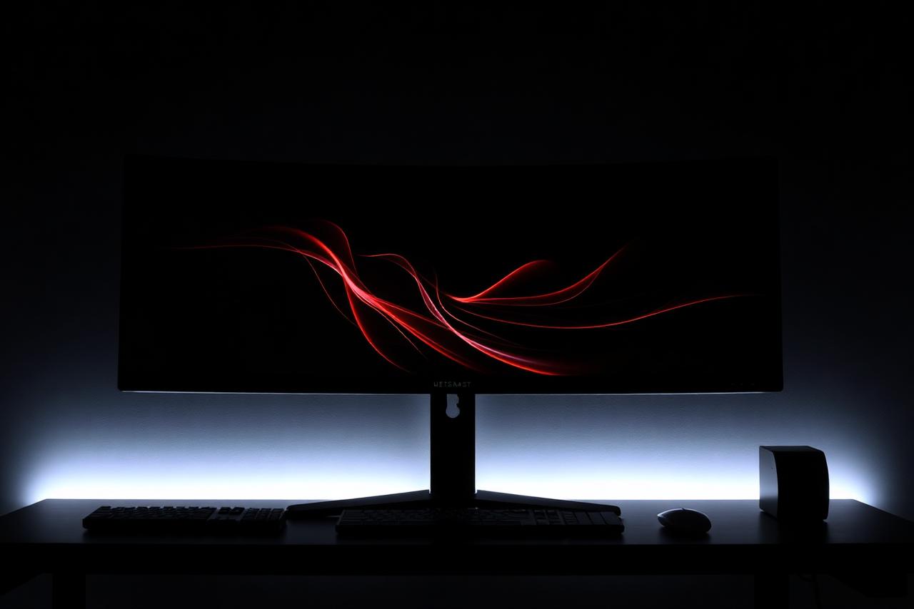 Ultrawide gaming monitor on a dark desk as an investigation subject