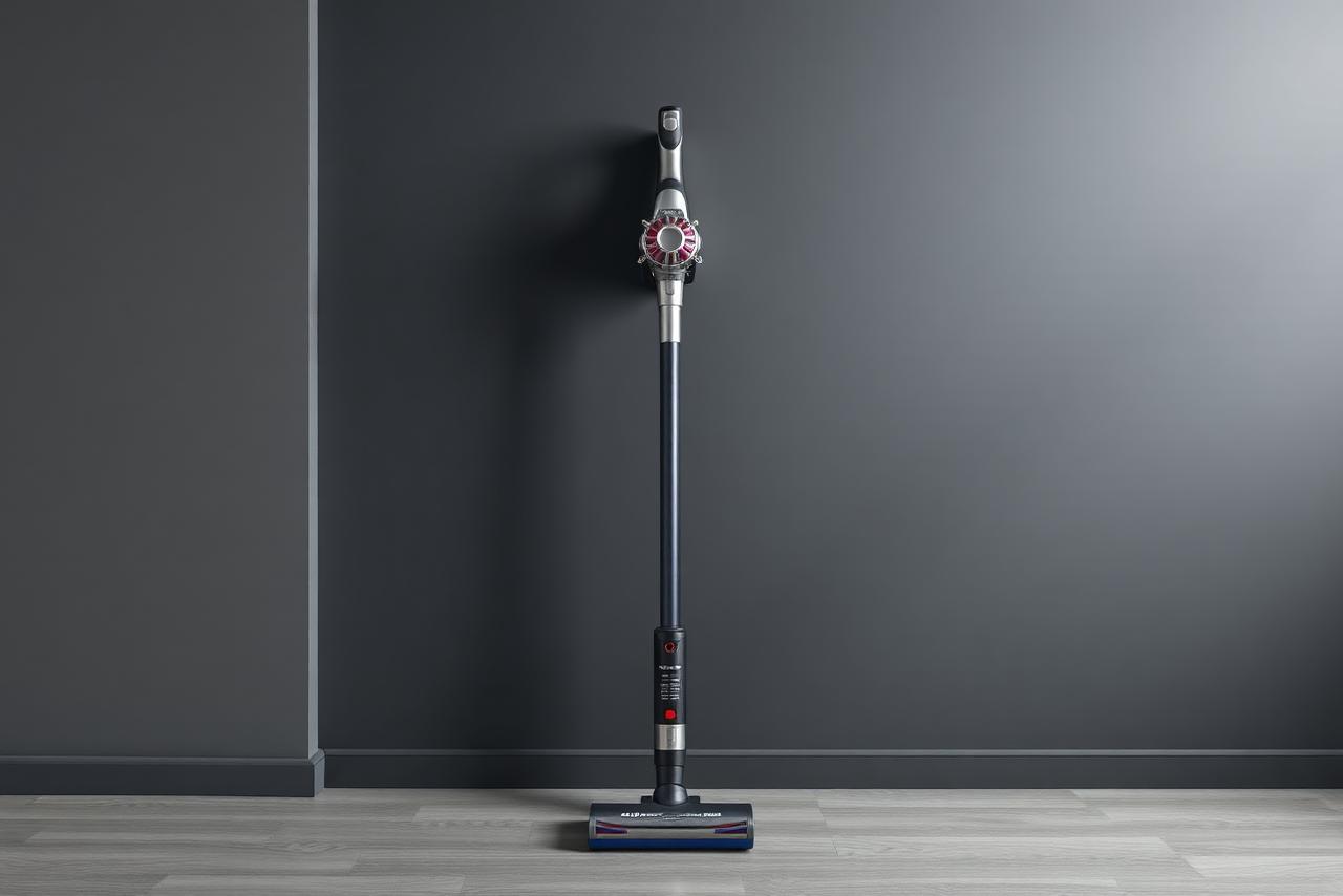 Cordless stick vacuum against a dark wall as an investigation subject