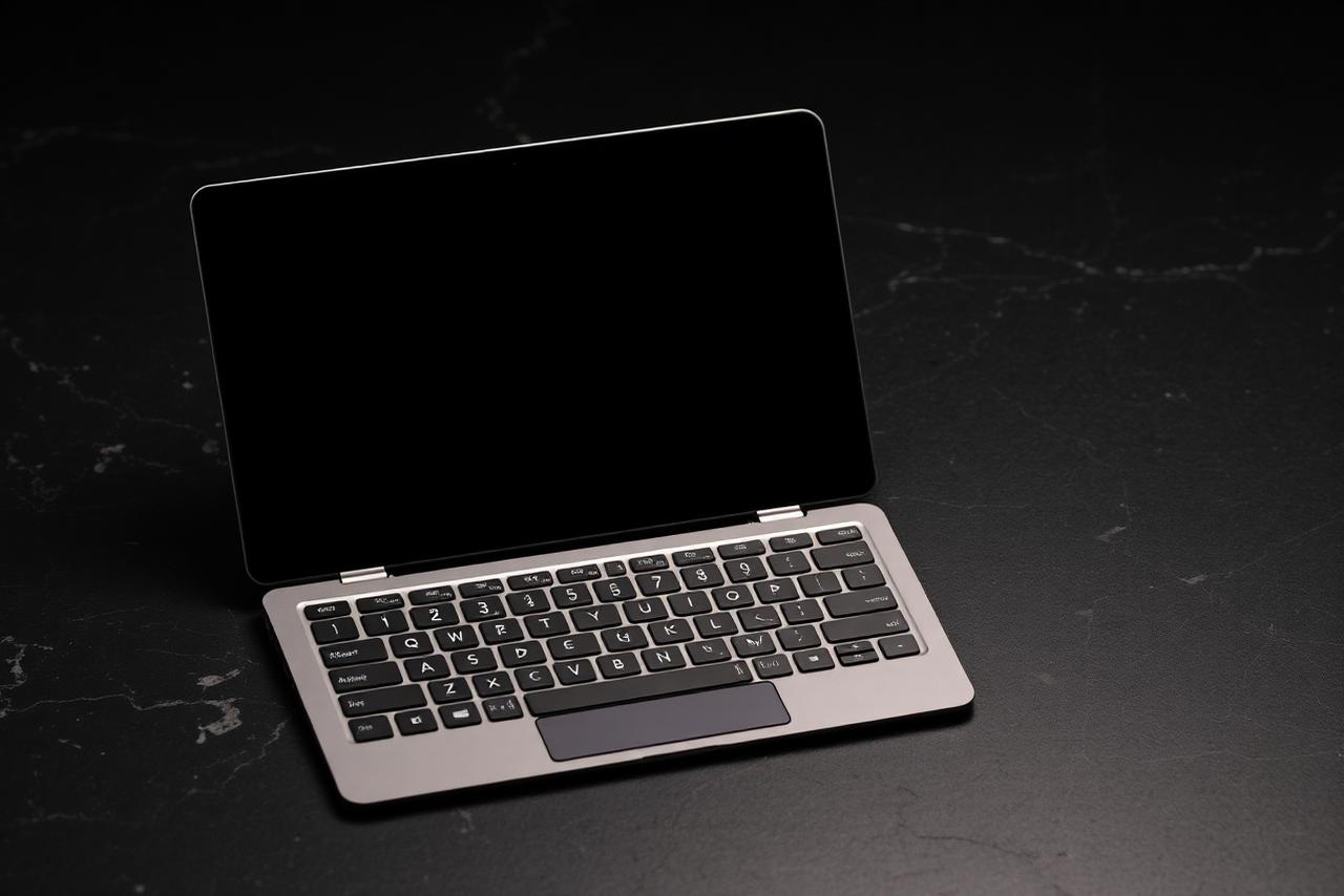 Premium tablet with keyboard on dark stone as an investigation subject
