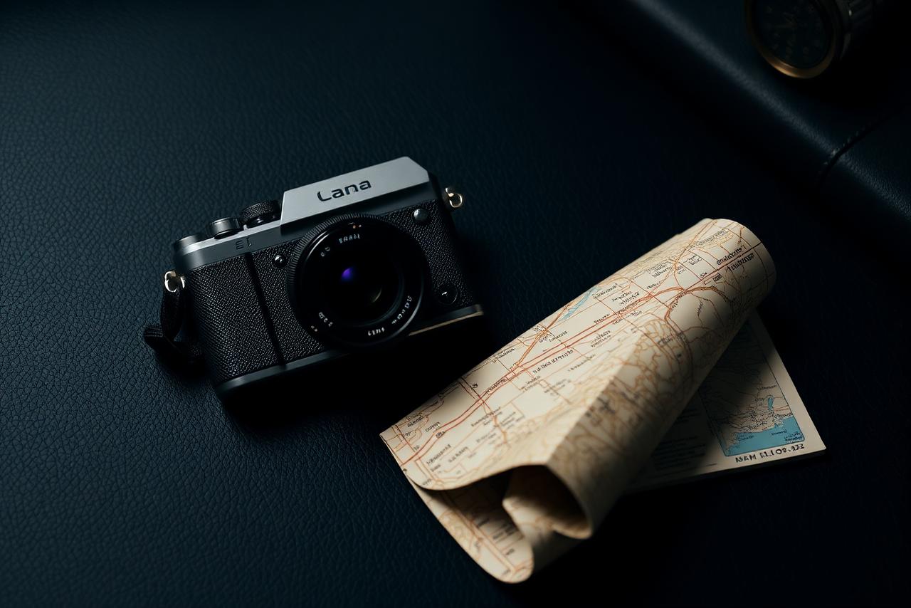Compact travel camera and map on dark leather as an investigation subject