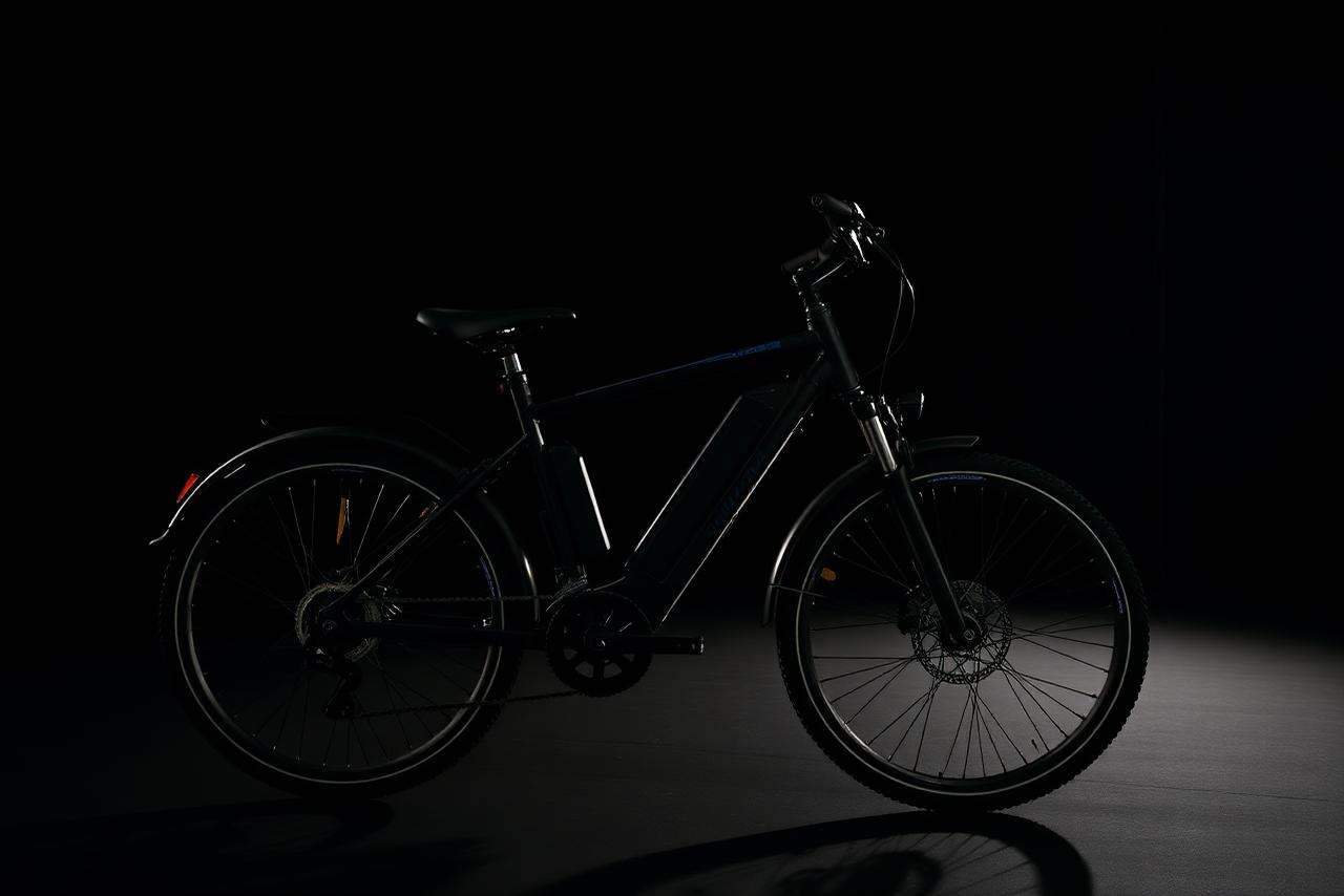 Premium electric bicycle in a dark studio as an investigation subject