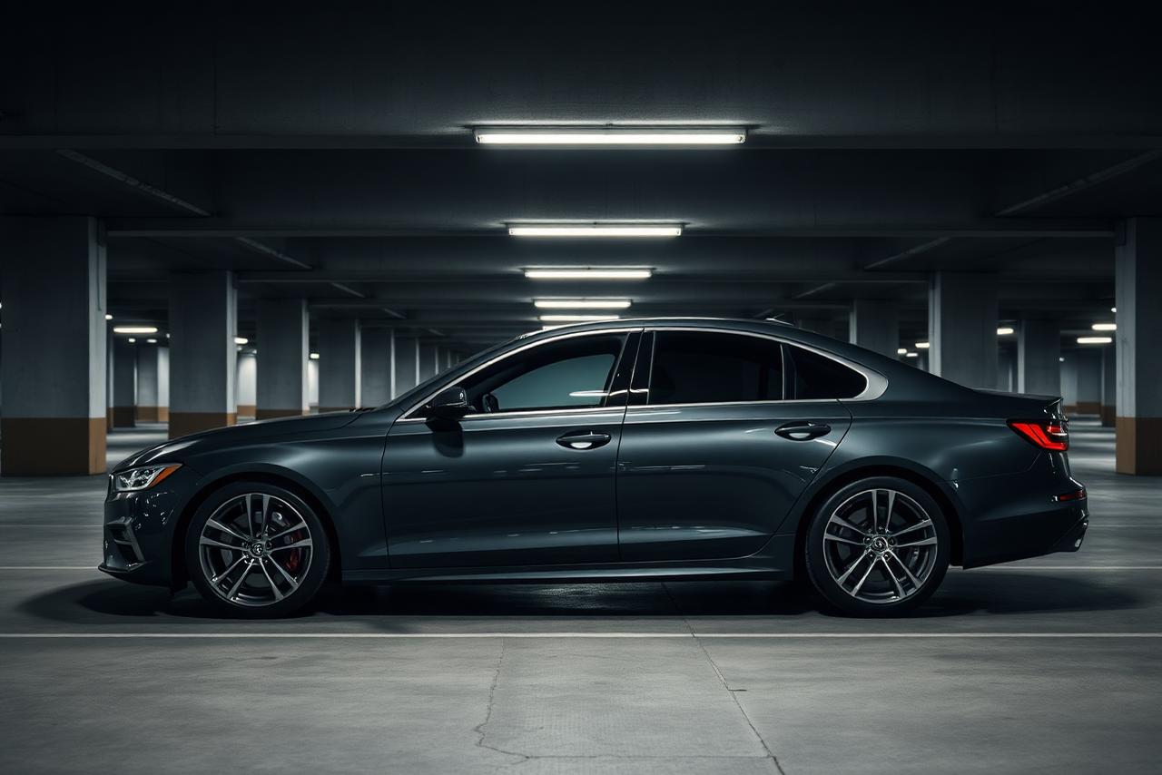 Premium dark sedan in a concrete parking structure