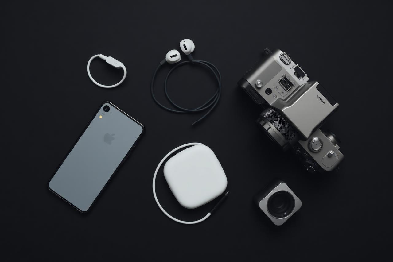 Premium consumer electronics arranged on a dark surface