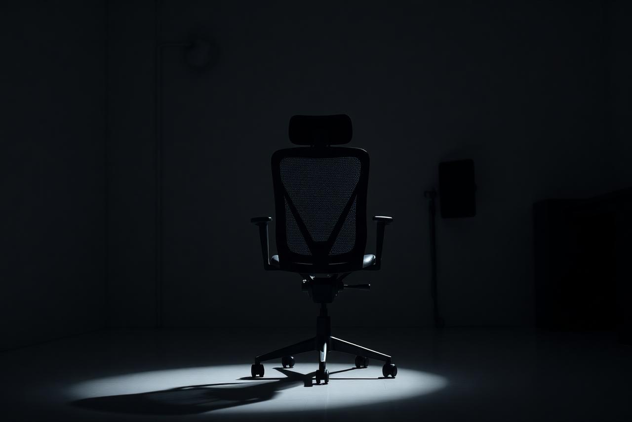 Ergonomic office chair lit in a dark studio as an investigation subject