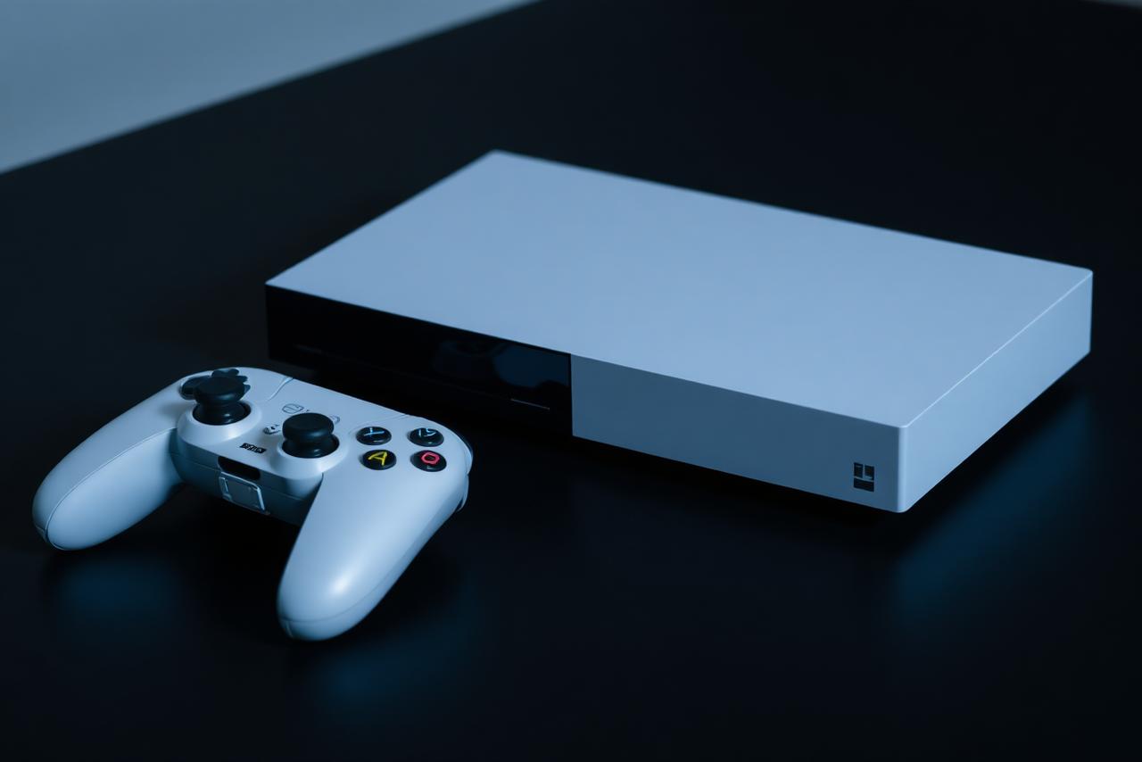 Game console and controller on a dark surface