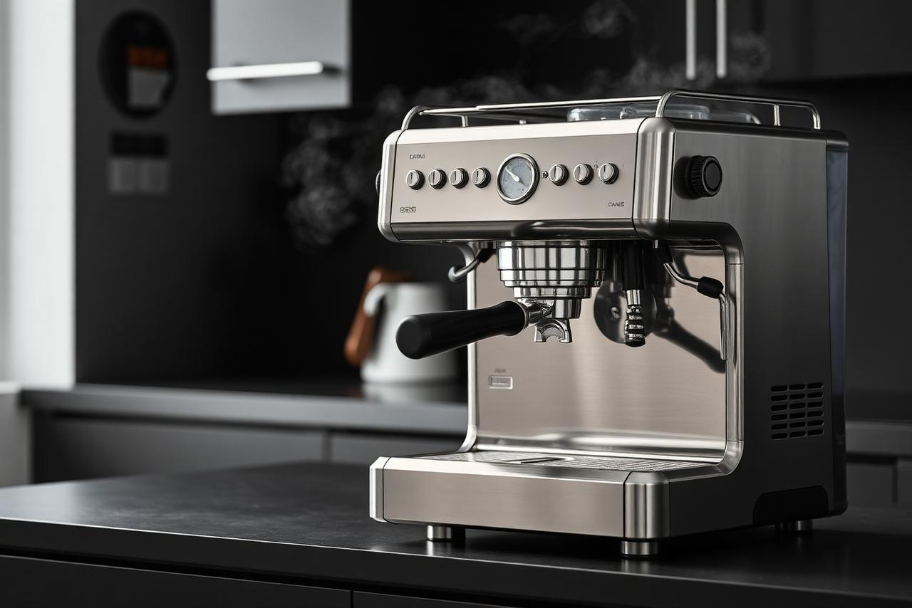 Premium stainless steel espresso machine on a dark counter