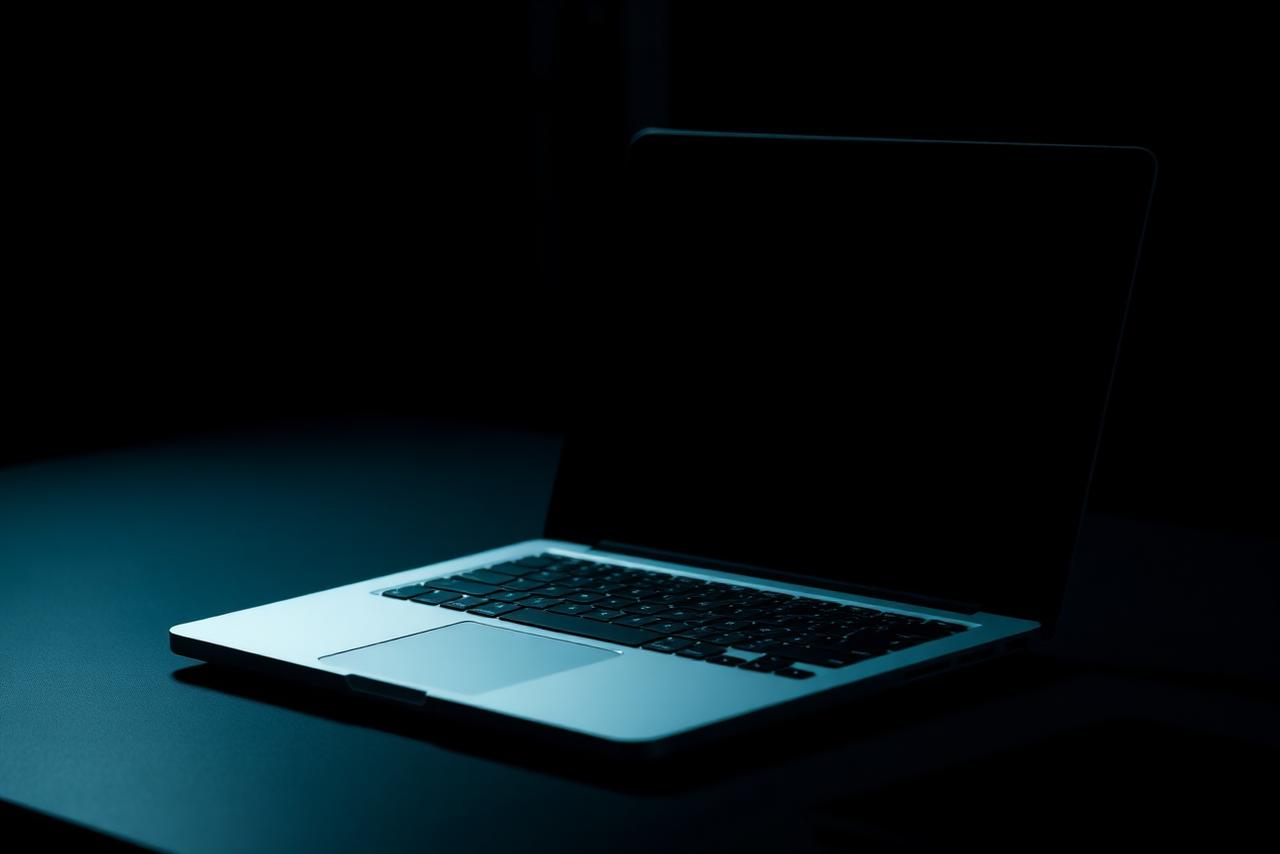 Slim aluminium laptop photographed in a dark room
