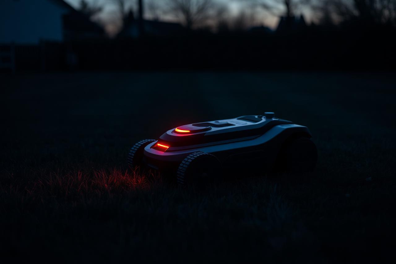 Robot lawn mower at dusk as an investigation subject