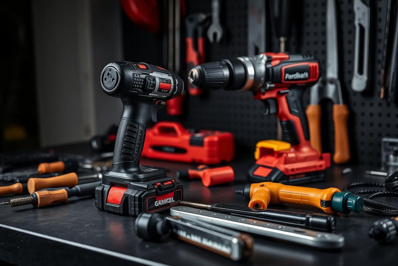 Professional power tools on a dark workbench