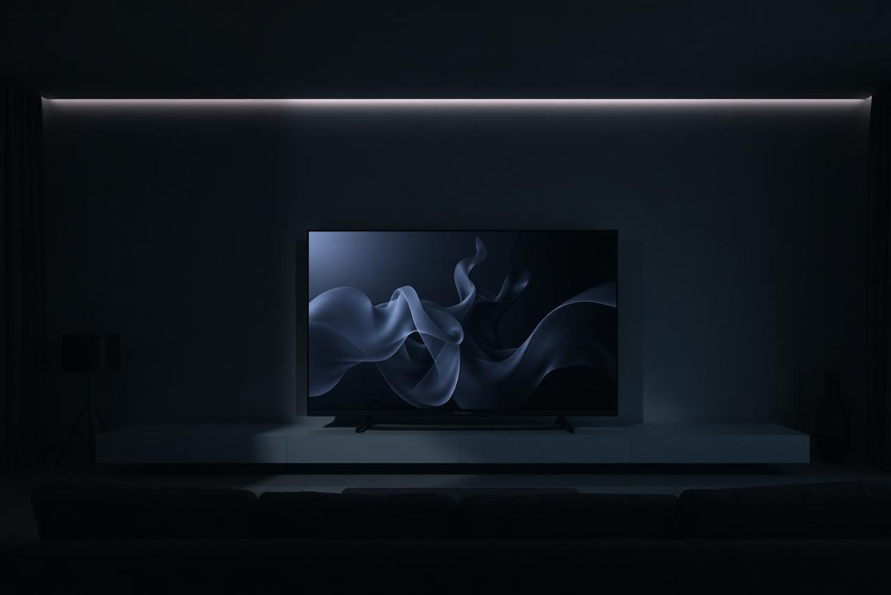 OLED television in a dark living room