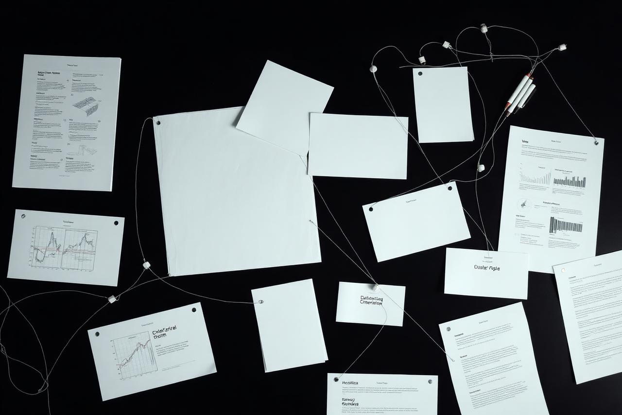 Documents, charts and connecting threads on an investigation board